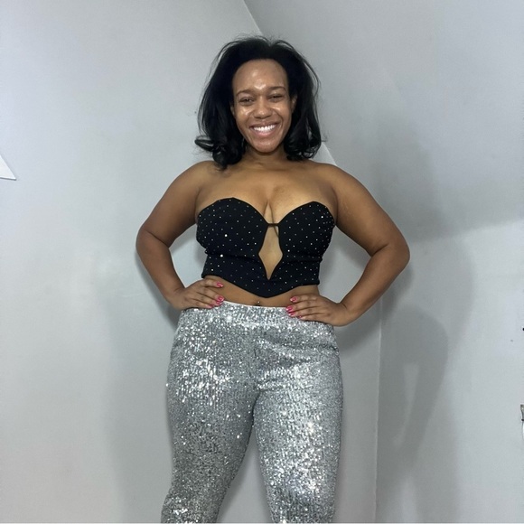 Baddie Silver Sequins Joggers Going Out Party Stretchy Pants Sporty Concert Glam - Picture 11 of 12